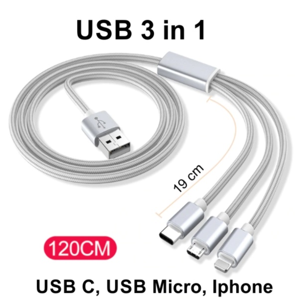 Cble de charge universel 3 en 1 avec connecteur USB-C, micro-USB et iPhone
